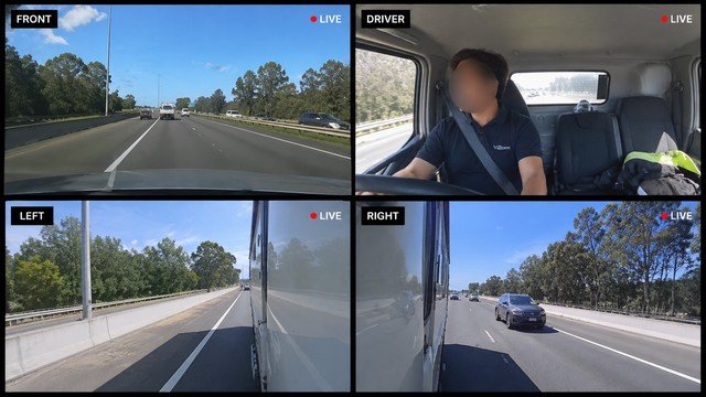 Vi2ionai four-camera AI dash cam preview: front, driver, left and right views — product demonstration image